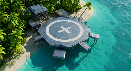 Tropical Island Helicopter Pad With Lush Vegetation