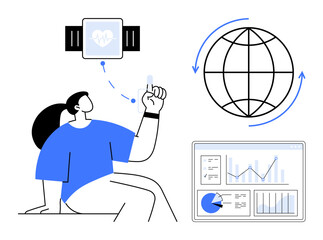 Woman seated while using a smartwatch displaying health data, globe symbolizing global trends, and analytics dashboard with graphs. Ideal for health tech, telemedicine, global connectivity, fitness