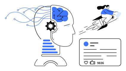 Head with AI-powered brain, circuits, and gears woman riding rocket social media interface. Ideal for technology, AI innovation, creativity, progress, social media engagement, digital transformation