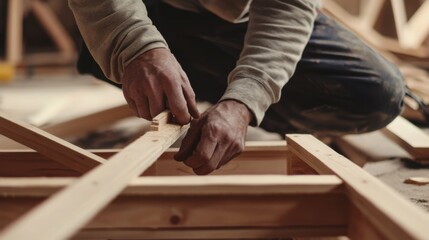 A construction worker assembling parts of a wooden frame. Featuring collaboration and skill