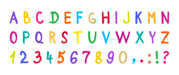 Font crayon, kid alphabet, letter and number, child pencil typography, color chalk type, school childish pastel doodle, cute abc hand drawn, kindergarten sketch text sign. Simple vector illustration