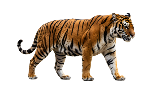 Majestic bengal tiger walking with grace on transparent background