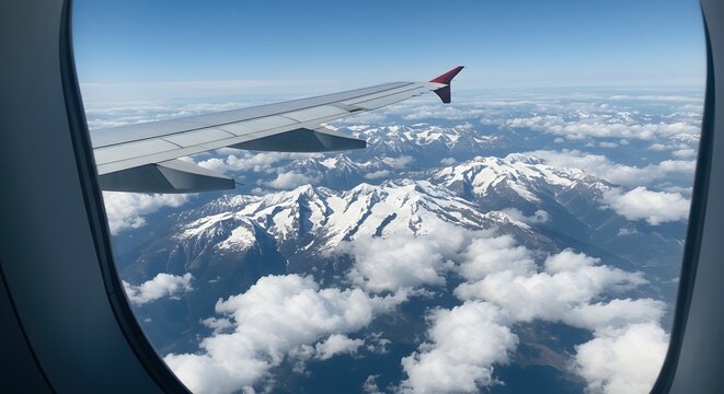 Aerial View of Snow-capped Mountains From Airplane Window - Powered by Adobe