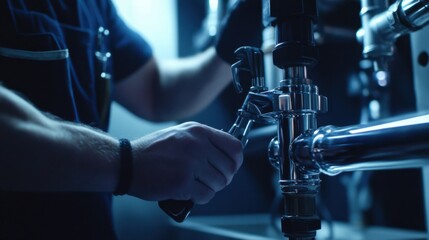 Plumber sealing joints of pipes in a bathroom. Featuring technical expertise and precision