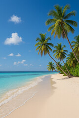 Paradiesischer Sandstrand mit Palmen und türkisfarbenem Wasser unter blauem Himmel
