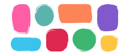 Kid text box crayon, paint brush shape frame, round border, colorful rough chalk sticker, cute charcoal note isolated on white background. Cartoon speech label set. Childish vector illustration