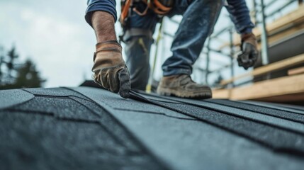 Roofer applying roofing material at a construction site. Featuring precision and detail