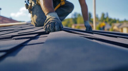 Roofer applying roofing material at a construction site. Featuring precision and detail
