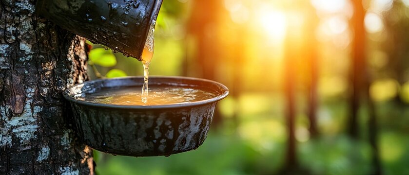 Resin dripping from a rubber tree into a collection bowl.