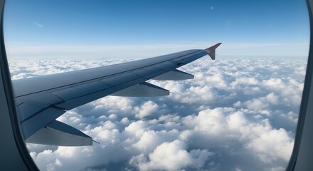Obraz premium Airplane Wing Soaring Above Fluffy White Clouds in Blue Sky