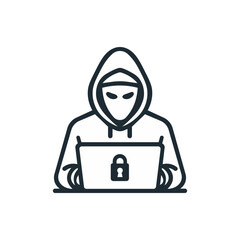 Security and protection. Hacker with laptop line icon. Vector illustration.