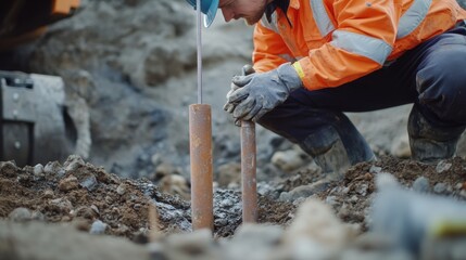 Geotechnical engineer examining soil samples at a drilling site. Featuring scientific analysis and precision
