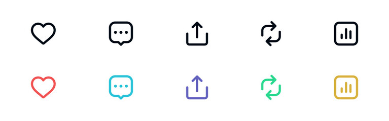 like icon, reply, retweet, view, share icon signs - social media notification like comment, share icons. social network post reactions collection set. vector illustration