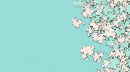 Light teal background scattered with many jigsaw puzzle pieces.