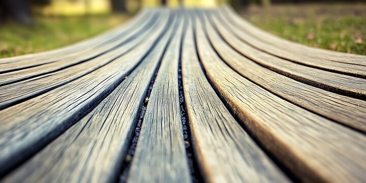 Abstract curved wooden planks pattern on ground outdoor with blurred grass