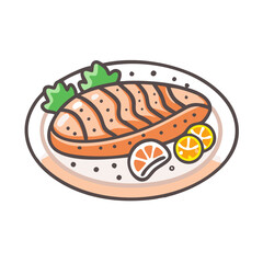 Grilled Salmon Steak with Lemon and Salad Cartoon