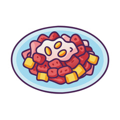 Cartoon watermelon, prosciutto, and fried egg salad illustration