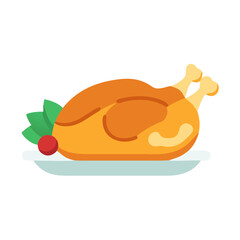 Roasted Turkey Illustration on Plate, Black Background