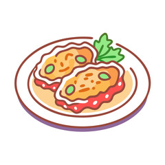Cartoon image of stuffed mussels with lettuce garnish