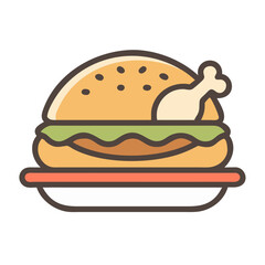 Chicken Burger Icon: Cartoon Food Illustration on Black