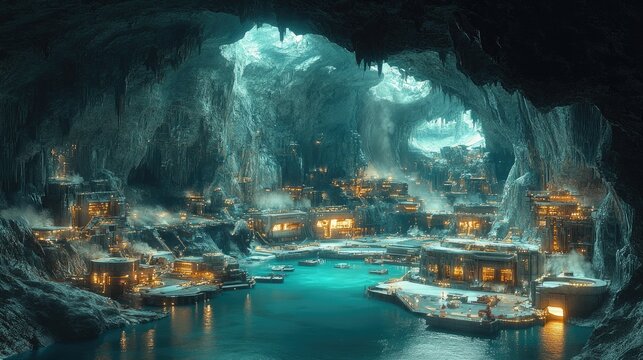 A subterranean city nestled within a frozen cavern.