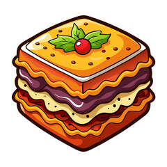 Cartoon illustration of lasagna with topping and decoration