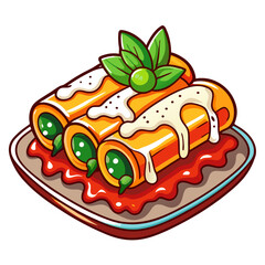 Cartoon Cannelloni Illustration with Sauce, Basil, on plate