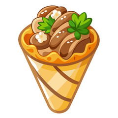 Delicious cartoon waffle cone with chocolate and leaves
