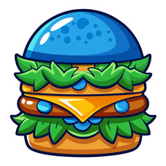 Blue Burger Cartoon Illustration with Cheese and Lettuce