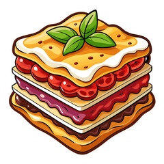 Delicious cartoon lasagna with basil leaves illustration