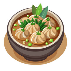 Bowl of Asian Soup with Dumplings and Greens
