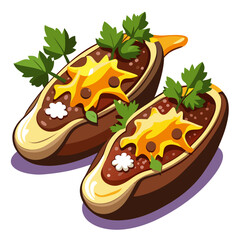 Stuffed Eggplant with Meat, Cheese, and Parsley Illustration