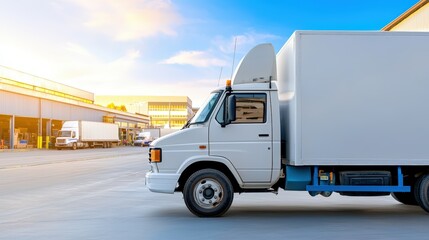Fototapeta premium Delivery truck parked outside busy warehouse with multiple vehicles and buildings in the background scene