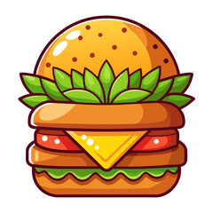 Cartoon burger with lettuce, cheese, and tomato layers