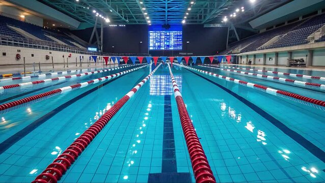 Indoor olympic swimming pool with lanes separated by red and white floats with blue water view