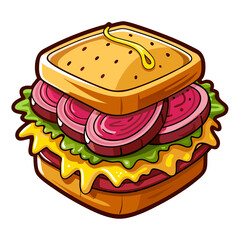 Cartoon Sandwich Illustration with Meat, Lettuce, and Mustard