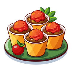 Four Pudding Cups with Red Topping on Green Plate