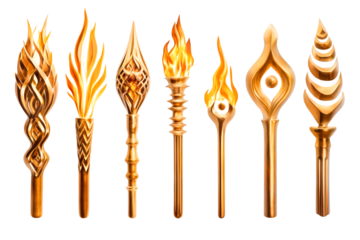 Golden Torches Ignite with Fiery Designs Ancient Symbols of Light and Passion