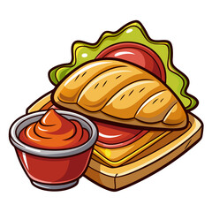 Cartoon Sandwich with Ketchup, Lettuce, Ham, and Cheese