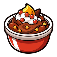 Cartoon dessert bowl, tasty pudding with creamy toppings