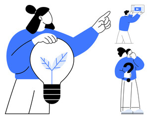 Woman holding a lightbulb with a leaf, man presenting content, person contemplating with a question mark. Ideal for creativity, innovation, sustainability, problem-solving, teamwork, presentations