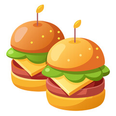 Two cartoon cheeseburgers with cheese, lettuce, and patties