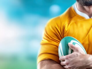 Fototapeta premium Close-Up of Rugby Player's Arm Cradling a Ball Against Chest with Blurred Green Field in Background