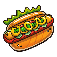 Cartoon Hot Dog with Mustard, Pickles, and Lettuce