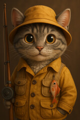 Charming portrait of a wide-eyed gray tabby cat dressed as a fisherman, complete with a yellow fishing jacket, bucket hat, and a rod. A whimsical blend of realism and fantasy.