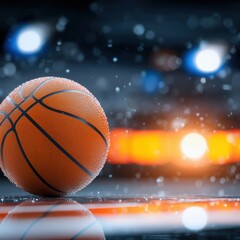 Obraz premium Close-Up of a Glistening Basketball on a Wet Court with Shimme Reflection and Blurred Stadium Lights