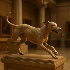 Realistic stone sculpture of a running dog, captured mid-motion with detailed musculature and dynamic posture, displayed on a pedestal inside a classical museum gallery.