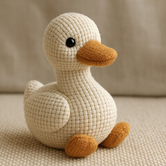 Cute handmade duck plush toy crafted from cream-colored textured yarn, with orange beak and feet. It sits upright on a neutral fabric surface, exuding warmth and charm.