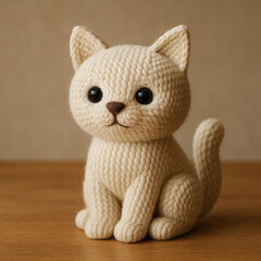 Adorable handcrafted cat plush toy made from thick, cream-colored yarn with large black eyes and a small stitched nose, sitting on a wooden surface in a cozy, neutral-toned setting.
