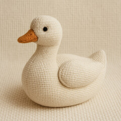 Charming handcrafted duck plush toy made of cream-colored textured fabric with a brown beak, posed on a soft, matching textile surface. Minimalist and cozy aesthetic.